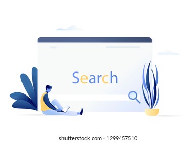 Web Search With Man Using Laptop and Big Computer Screen. For Web Banner, Website, Flyer, Card, Presentation. Business Concept Flat Vector Illustration