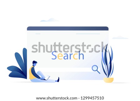 Web Search With Man Using Laptop and Big Computer Screen. For Web Banner, Website, Flyer, Card, Presentation. Business Concept Flat Vector Illustration