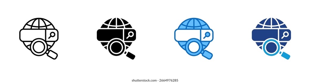 Web Search Multi Style Icon Design Vector - Globe with search bar and magnifying glass, symbolizing global search or online discovery