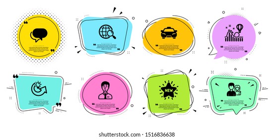 Web search, New star and Teamwork line icons set. Chat bubbles with quotes. Businessman person, Roller coaster and Taxi signs. Talk bubble, Share idea symbols. Find internet, Shopping. Vector