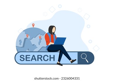 Búsqueda en Internet, navegación en línea, SEO. La gente busca información en internet. Mujer navegando en línea con barra de búsqueda. Ilustración vectorial plana sobre un fondo blanco.