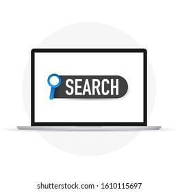 Web search on laptop. Flat design business people concept. Vector illustration concept for web banner, business presentation, advertising material.