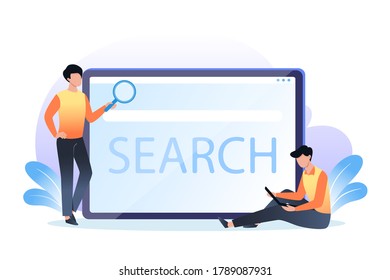 Web search page, flat design illustration for banner, presentation, advertising. Young persons and big computer screen. Research marketing concept.