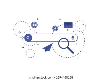 Web Search Page. Web Window On White Background. In Flat Design Vector Illustration. Browser With Search Bar Field And Search Button. Blue. Eps 10