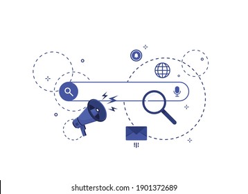 Web search page. Web window on white background. In flat design vector illustration. Browser with search bar field and search button. Blue. Eps 10