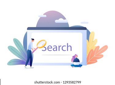 Web search with people and big computer screen. For web banner, website, flyer, card, presentation. Business concept flat vector illustration 