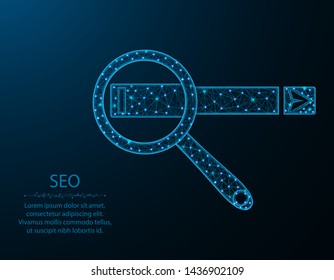 Web search poly design, magnifying glass and search box  abstract geometric image, SEO wireframe mesh polygonal vector illustration made from points and lines on dark blue background