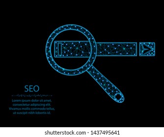 Web search poly design, magnifying glass and search box  abstract geometric image, SEO wireframe mesh polygonal vector illustration made from points and lines on black background