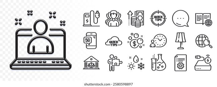 Web search, Power bank and 5g phone line icons for web app. Glare of light effect. Message icon. Pack of Table lamp, Charging station, Court building pictogram icons. Vector