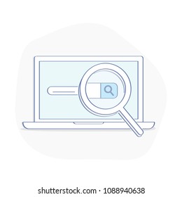 Web search or research via computer, laptop. Computer with open browser window and magnifying glass. Web search, SEO, ranking sites, rating icon concept, flat outline vector.