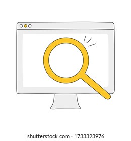 Web search, review, internet data analysis, SEO audit. Magnifying glass on a computer screen background. Flat line vector illustration on white.