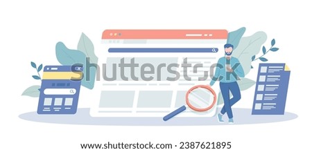 Web Search Technology. Browsing online information, surfing internet. Web analysis and SEO concept. Vector illustration with character situation for web.	
