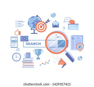 Web search technology, Search engine, SEO, Data finding. Search bar with result elements. Web banner, infographics. Vector illustration on white background.