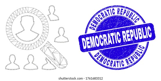 Icono de usuarios de búsqueda en la web y sello de sello de la República Democrática. Sello de grano redondeado de vector azul con mensaje de la República Democrática.