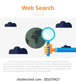 Web search vector illustration, flat infographic template. Protection against data theft. A hand holding a magnifying glass search information in the internet.