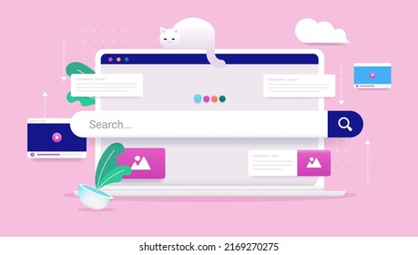 Web search vector illustration - Laptop with search bar and internet browser searching media and content