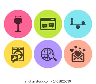 Web search, Washing machine and Browser window icons simple set. Bordeaux glass, Balance and Love mail signs. Find internet, Repair service. Flat web search icon. Circle button. Vector
