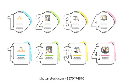 Web search, Washing machine and Cloakroom icons simple set. Creative design sign. Find internet, Repair service, Hanger wardrobe. Designer. Business set. Infographic timeline. Line web search icon