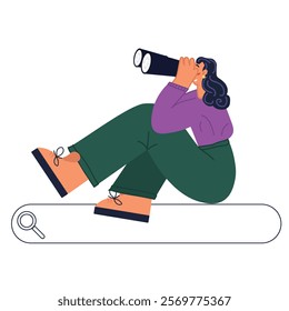 Web search. A woman looks through binoculars. A business metaphor for web search. The concept of SEO. A flat vector illustration isolated on a white background.