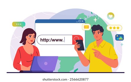 Web searching concept. Man with smartphone and woman with laptop enter website address. People surfing internet. Online knowledge and information. Flat vector illustration