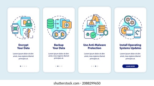 Búsqueda web consejos de seguridad a bordo de la pantalla de la aplicación móvil. Recorrido de protección de datos con cuatro pasos de instrucciones gráficas con conceptos. UI, UX, plantilla de vector GUI con ilustraciones de color lineales