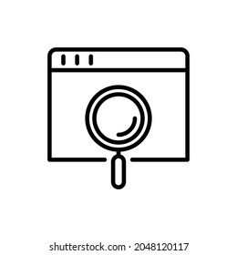 Icono de línea delgada de búsqueda web, lupa en página web. Ilustración vectorial moderna.