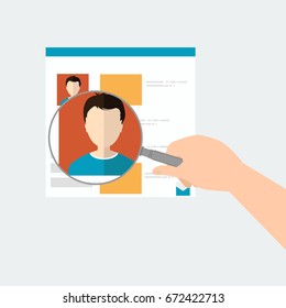 Web searching vector illustration concept: Hand holding a magnifying glass and magnify profile picture on web site. -stock vector