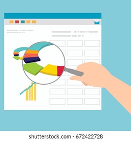 Web searching vector illustration concept: Hand holding a magnifying glass and magnify data diagram on web site. -stock vector