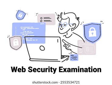 Web security examination concept person analyzing laptop locks code minimalist sketch