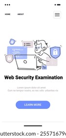 Web security examination concept with person using laptop surrounded by security icons and code elements in minimalist hand drawn style website design