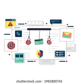 Web security and hacker internet activity vector concept and hacking icons. Cyber criminals hack personal data from computers. Hackers open information, steal and crime computer data
