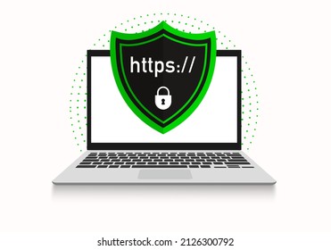 Web security http and https protocols on shield on laptop vector illustration. Shield with padlock icon on computer screen.