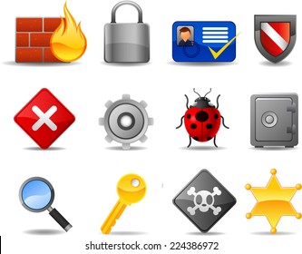 Web Security icon set, with Firewall Badge Locked Safe Key Password. Vector illustration cartoon. 