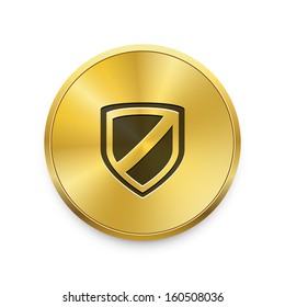 Web security icon shield. Vector gold button. 