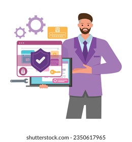 Web security illustration concept. Office man holding laptop and show protection system. Business people character vector design. 