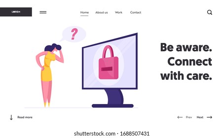 Web Security Landing Page Template. Business Woman Character Stand at Huge Desktop with Padlock on Screen Trying to Remember Password Identification Account Information. Cartoon Vector Illustration