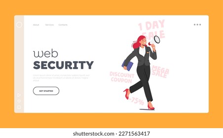 Web Security Landing Page Template. Forceful Promoter Female Character with Megaphone Making Claims Of Perks And Presents. Aggressive Sales, Social Spam, Assertive Promo. Cartoon Vector Illustration