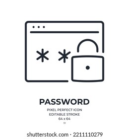 Icono de contorno de trazo modificable de seguridad web y contraseña aislado en ilustración vectorial plana de fondo blanco. Pixel perfecto. 64 x 64.