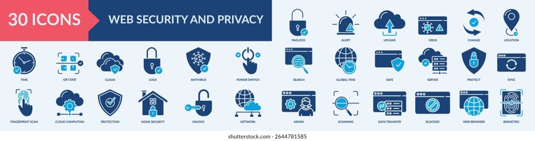 Conjunto de coleta de ícones de privacidade e segurança na Web com proteção, chave liga/desliga, biométrica, varredura, código qr