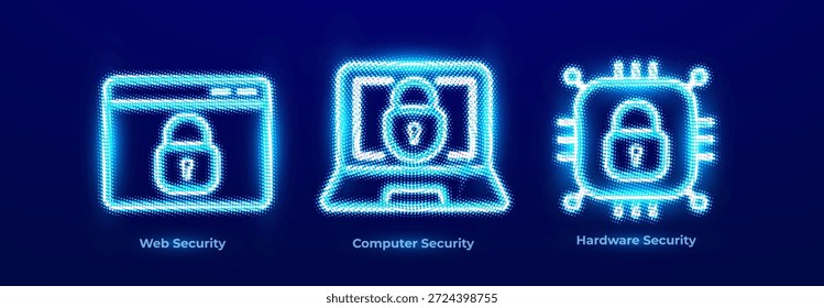 Web Security Protection Browser Privacy Anti Phishing Monitoring Icons Set. Computer Endpoint Defense Neon Logo. Hardware Security Business Digital Transformation Infographics. Vector Illustration