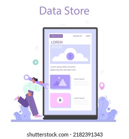 Servicio o plataforma en línea especializada en seguridad web. Protección de información, ciberataques o prevención de filtraciones de datos. Almacén de datos en línea. Ilustración vectorial plana