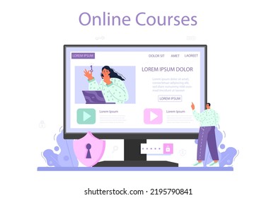 Web security specialist online service or platform. Protection of an information, cyberattack or data leak prevention. Online course. Flat vector illustration