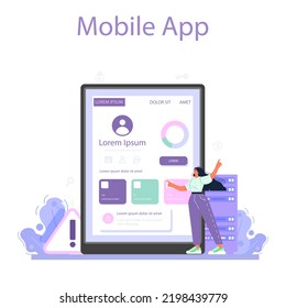 Web security specialist online service or platform. Protection of an information, cyberattack or data leak prevention. Mobile app. Flat vector illustration