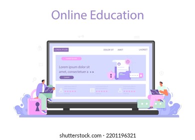 Servicio o plataforma en línea especializada en seguridad web. Protección de información, ciberataques o prevención de filtraciones de datos. Educación en línea. Ilustración vectorial plana