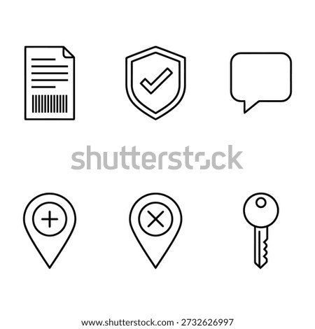 Web Security and User Interface Line Icon Set. Outline icons for document, protection, location, and access