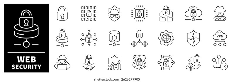 Ícones de vetor de segurança da Web. Ícones de linha fina definidos relacionados à segurança e privacidade na Web. Segurança, proteção, privacidade, símbolos de privacidade