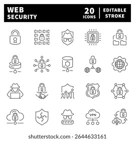 Ícones de vetor de segurança da Web. Ícones de linha fina definidos relacionados à segurança e privacidade na Web. Segurança, proteção, privacidade, símbolos de privacidade