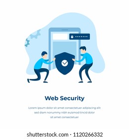 Web security vector illustration. Modern application and internet protection concept. Cyber security cartoon style illustration of two people holding protection shield.