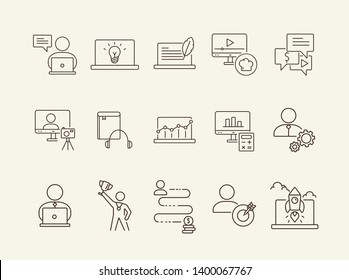 Web seminar line icon set. Computer, achievement, webinar. Self-development concept. Can be used for topics like education, gamification, technology