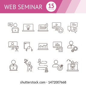 Web seminar line icon set. Computer, achievement, webinar. Self-development concept. Can be used for topics like education, gamification, technology
